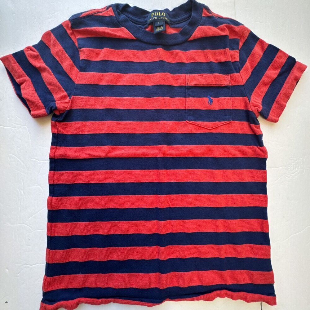 Polo Ralph Lauren Boys size 7 Red Blue Stripe Short Sleeve Shirt preppy